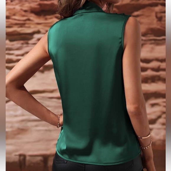Luxe Satin Classic Ruched Overlap Sleeveless Office Work Top Blouse Shirt GREEN - Picture 4 of 16